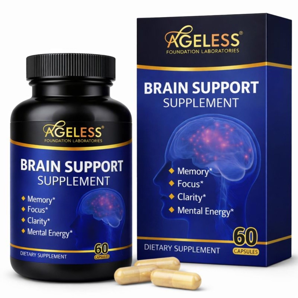 Ageless Brain Supplements for Memory and Focus & Cognitive Improvement | Nootropic Brain Supplement for Men & Women | Support Mental Clarity & Neuro Health | Inklusive vitamin B6, B12, 60 Capsules