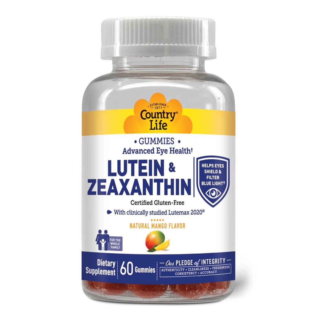 Country Life Lutein Gummies med Lutemax 2020, 60 Ct, Chewable Natural Eye Support Supplement, Marigold Lutein, Zeaxanthin, Eye Health & Macular Support, Non-GMO, Natural Fruit Pectin, Vegan