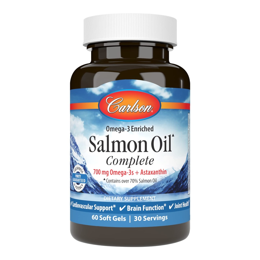 Carlson - Laxolja komplett, 700 mg Omega-3s + Astaxanthin, kardiovaskulärt stöd, hjärnfunktion och gemensam hälsa, 60 Softgels