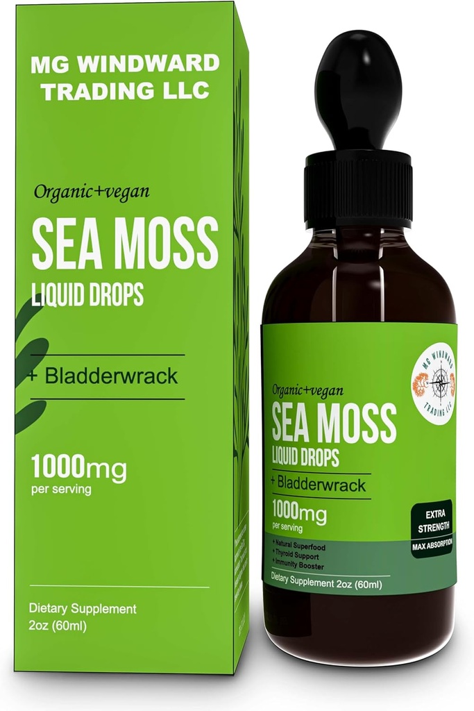 Organic Sea Moss Liquid Drops | 30 000 MG | Sea Moss med Bladderwrack, Elderberry | 4X Stronger Organic Sea Moss än piller och kapslar för övergripande hälsosamt liv! 1 flaska