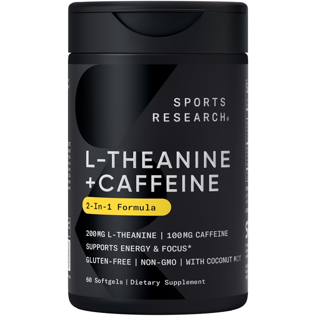 Sportforskning L-Theanine Supplement med koffein och kokos MCT-olja - Fokuserad energi, Alertness & Relaxation Utan Drowsiness - 200mg L Theanine, 100mg Organisk koffein - 60 Liquid Softgels