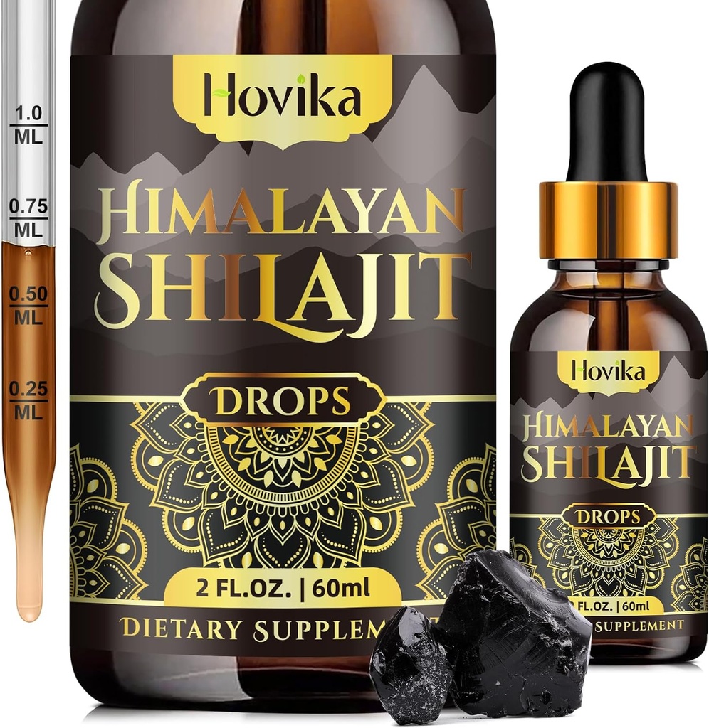 Himalayan Shilajit Resin Liquid Drops, Pure Organic Himalayan Shilajit Resin 600mg with Ayurvedic Blend & 85+ Trace Minerals & Fulvic Acid for Brain Booster & Energy Immune Support, 2 Fl Oz