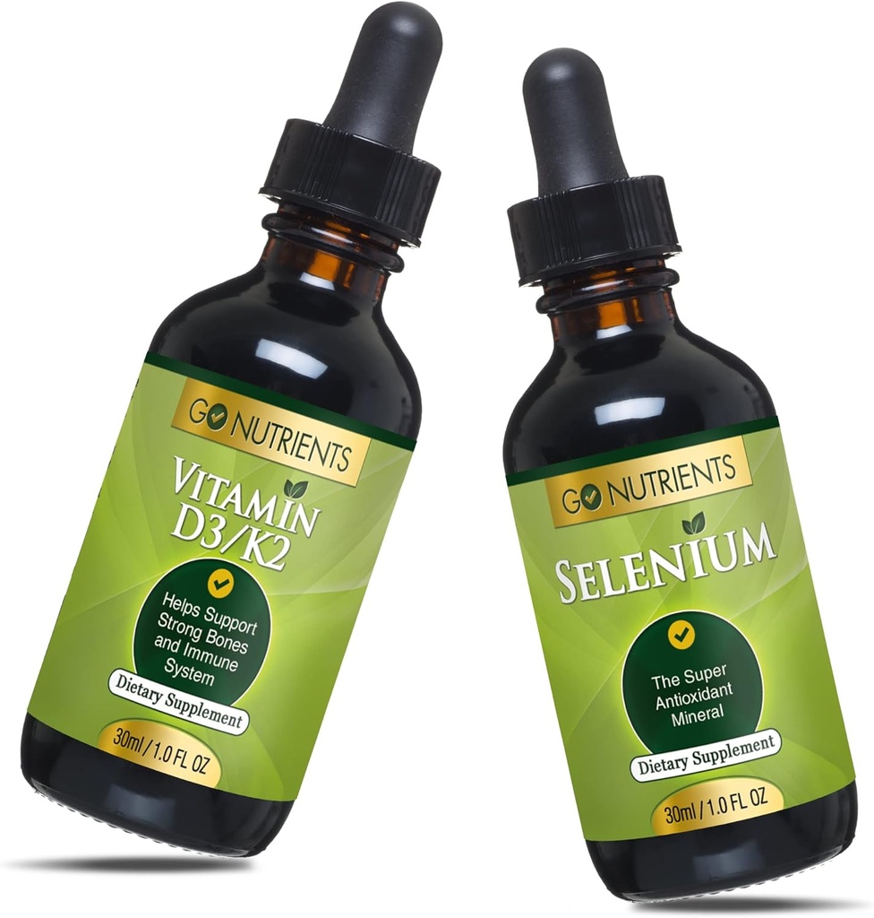 Go Nutrients Liquid Vitamin D3 med K2 (MK-7) Drops 1oz & Selenium 200 mcg Supplement 1.0 oz| | Vitamin D3 och K2 | Kosttillskott med mineral Selen flytande och renat vatten