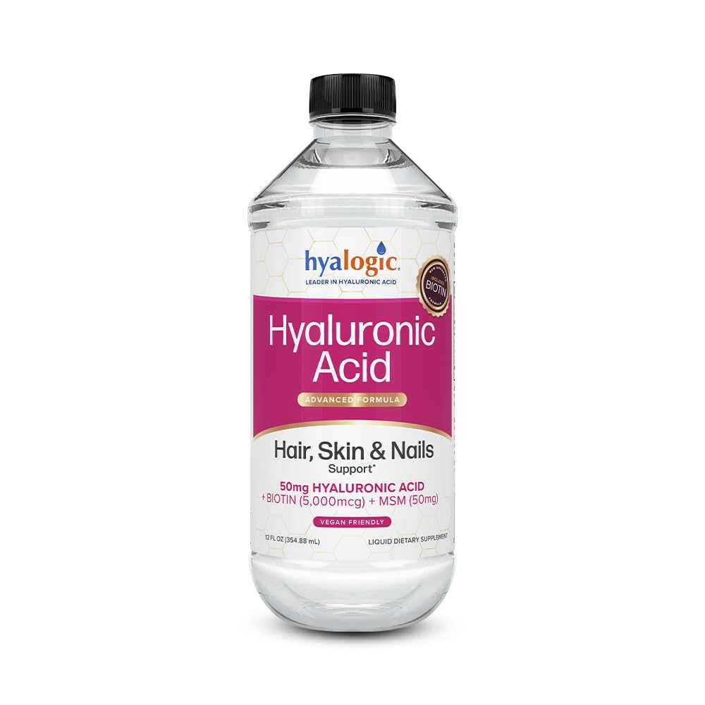 Hyalogic Liquid Hyaluronic Acid Supplement - Stöd för hälsosamt hår, hud och naglar med 5 000 mcg Biotin och 50mg MSM - Naturlig Hydration för hela kroppen - Hög molekylvikt Formel - 12 oz