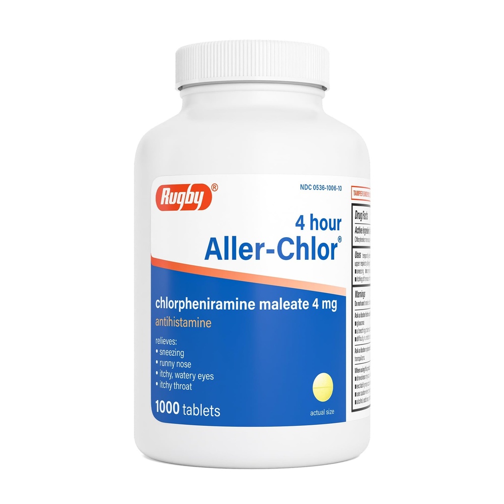Rugby 4 Hour Aller-chlor - Klorfeniramin Maleate 4 mg - Antihistamin - 1000 tabletter (1 Pack)