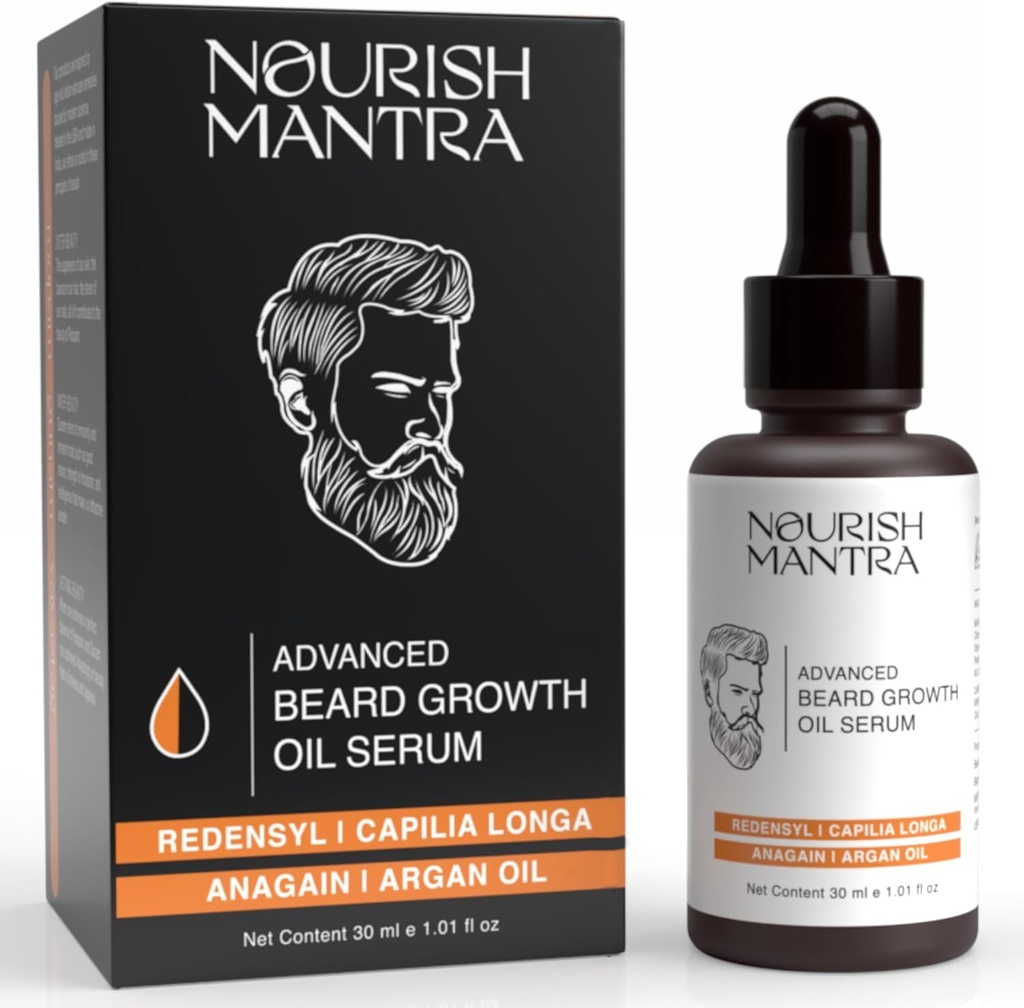 NOURISH MANTRA - Advanced Beard Growth Oil Serum | Tillverkad med Redensyl, Capilia Longa, Argan Oil, Vitamin E och Jojoba Oil för Fuller, Thicker & Healthier Beard Growth | Beard Oil Serum För Män | 30 ml