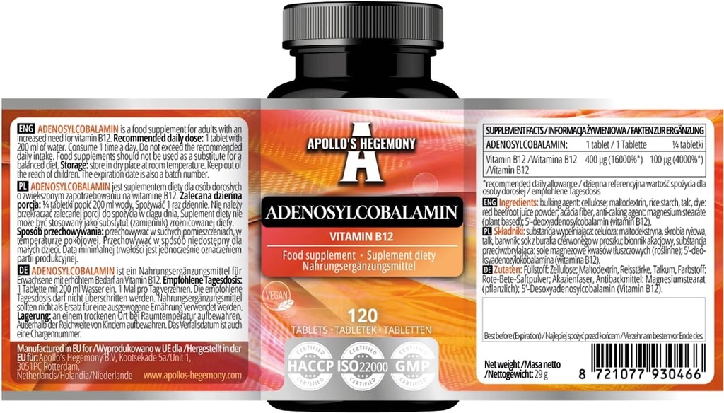 APOLLO: s HEGEMONY Adenosylcobalamin 120 tabletter - Optimal biotillgänglig vitamin B12 för förbättrad energimetabolism - 480 portioner - Kosttillskott
