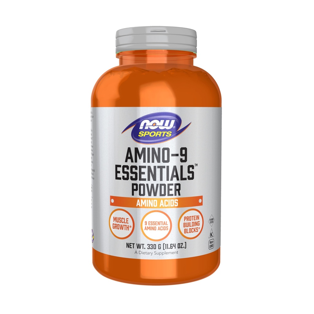 NOW Sports Nutrition, Amino-9 EssentialsTM Powder, förbättrad proteinsyntes, Aminosyror, 330-Grams
