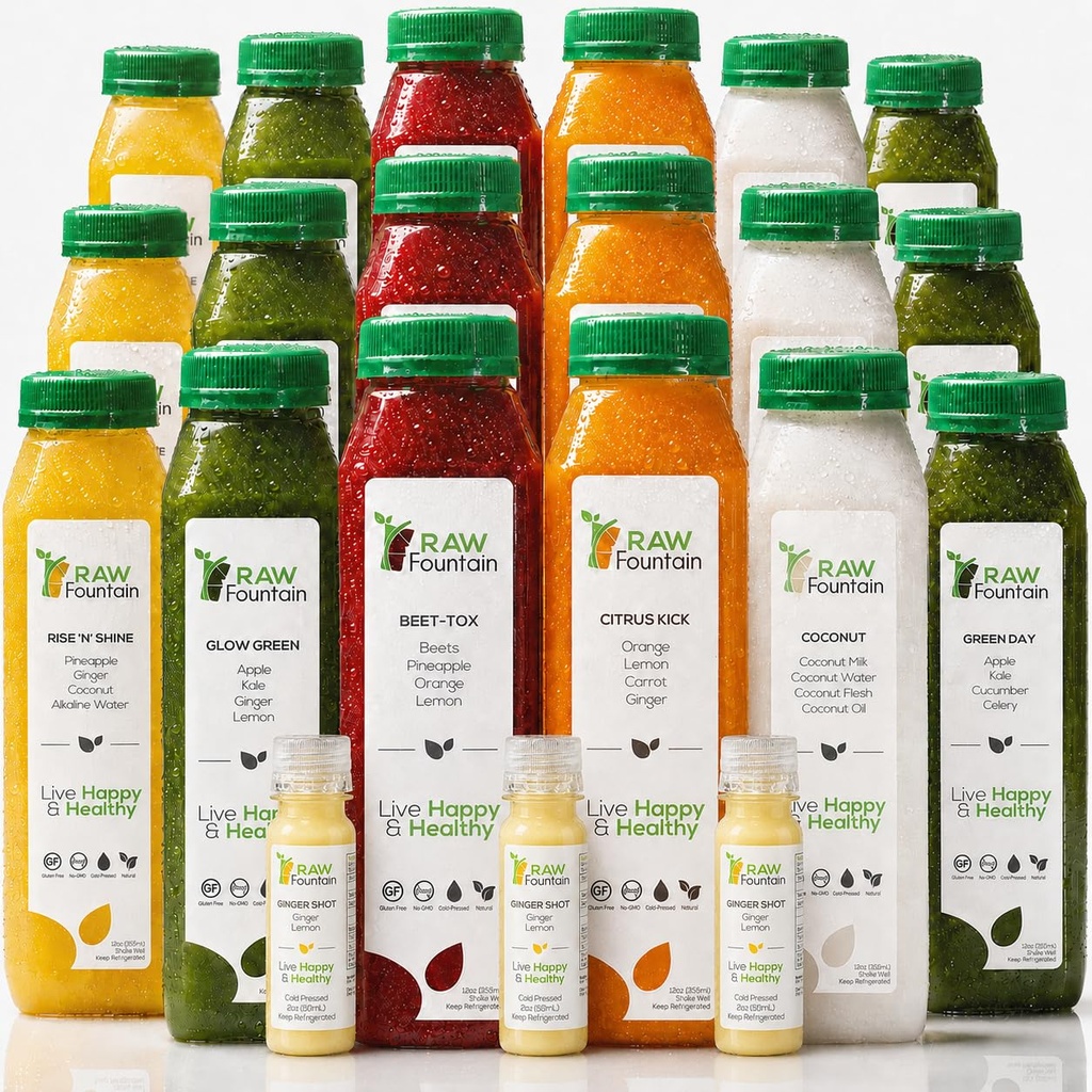 3 Day Juice Cleanse av Raw Fountain, All Natural Raw Detox Cleanse, Juicing for Body Rest, Cold Pressed Juice Fast, Great Way to Jumpstart a Healthier Diet, 18 Bottles 12oz, 3 Ginger Shots