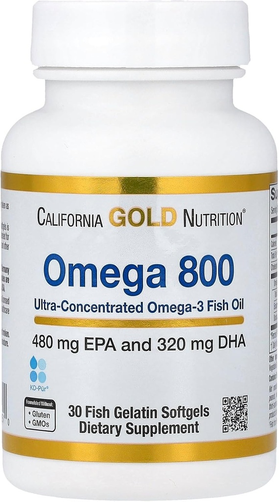 California Gold Nutrition Omega 800 Ultra-Concentrated Omega-3 Fish Oil, kd-pur® Triglyceride Form, 30 Fish Gelatin Softgels (1,000 mg per Softgel)