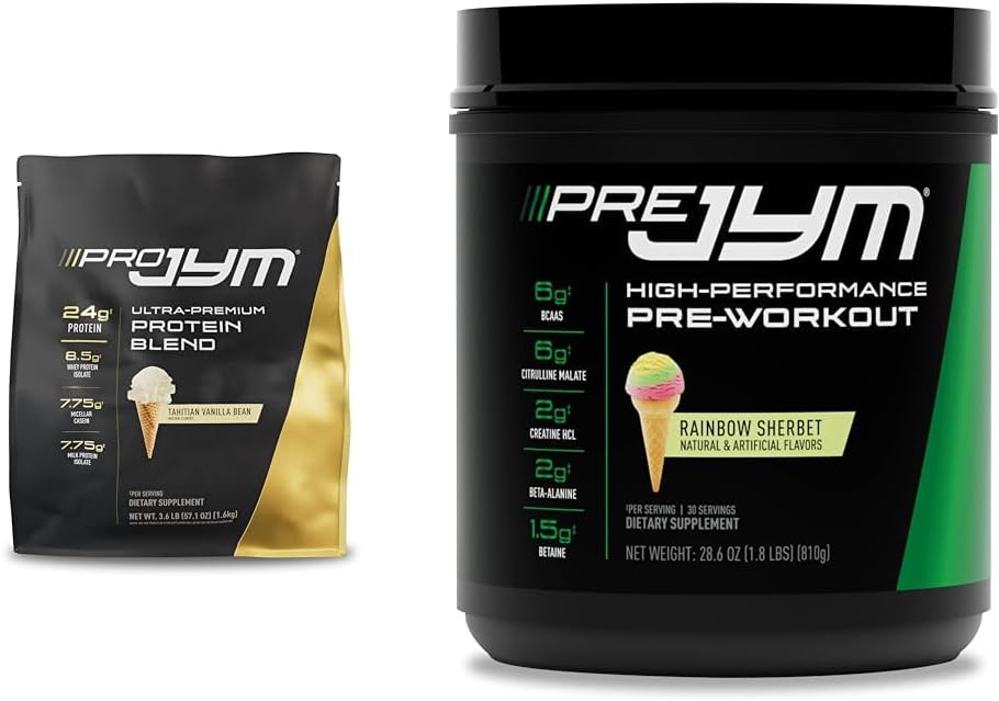 PRO JYM 45 Servings - Tahitian Vanilla Bean & Pre Jym Rainbow Sherbet, 30 Servings, Rainbow Sherbet, 1,8 pund (Pack of 1)