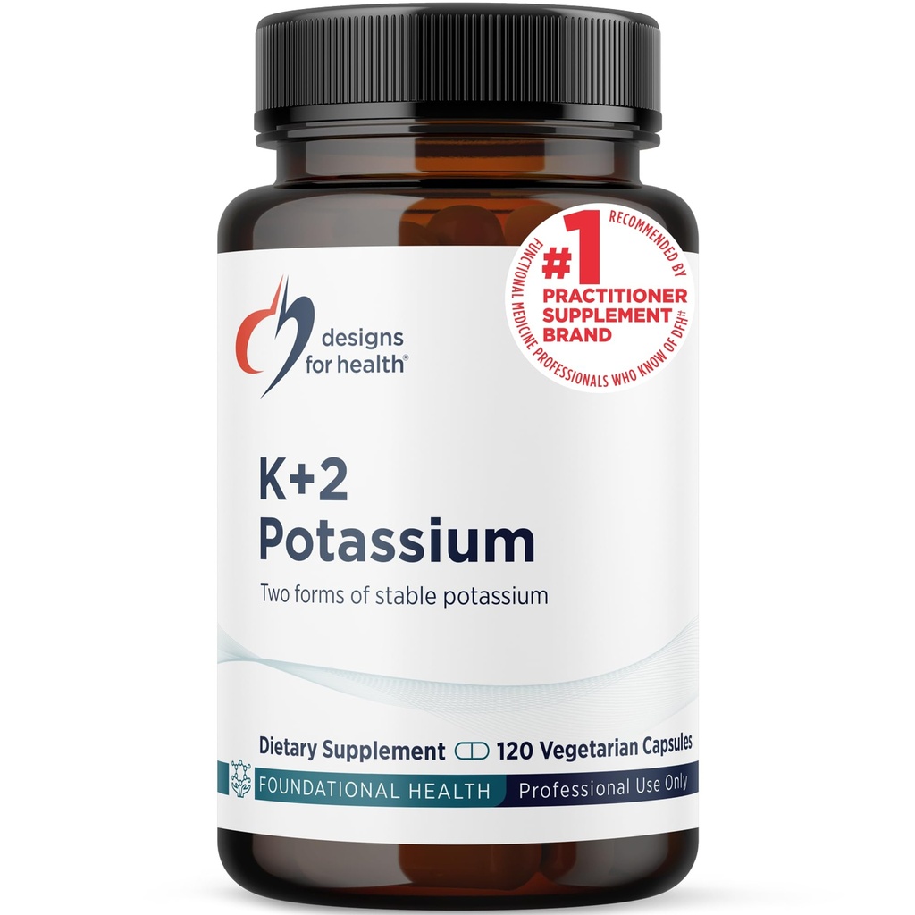 Design för Hälsa K + 2 kalium - 300 mg två former av kalium - kaliumbikarbonat + glycinatpiller - Tilläggsstöd för att hjälpa till att upprätthålla hälsosamt blodtrycksnivåer (120 kapslar)