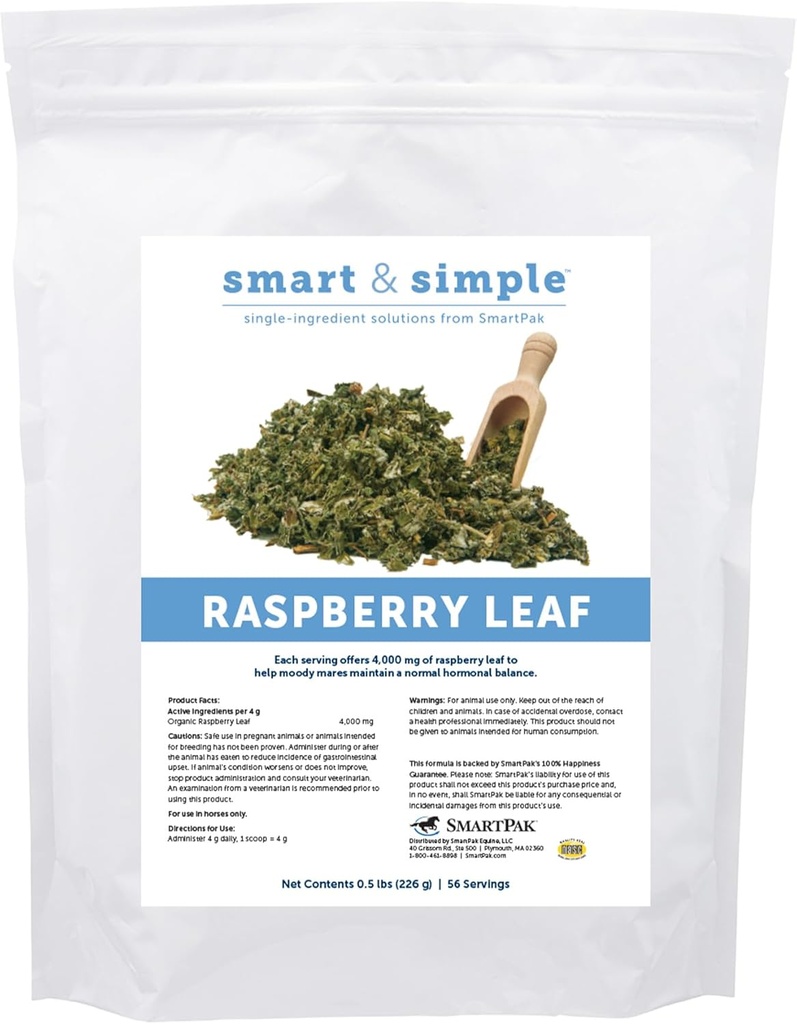 Smart & Simple Raspberry Leaf | Horse Moody Mare Supplement | Organisk helblad | Ensam ingrediens | Equine Supplement | 56 portioner | 0,5 lb väska