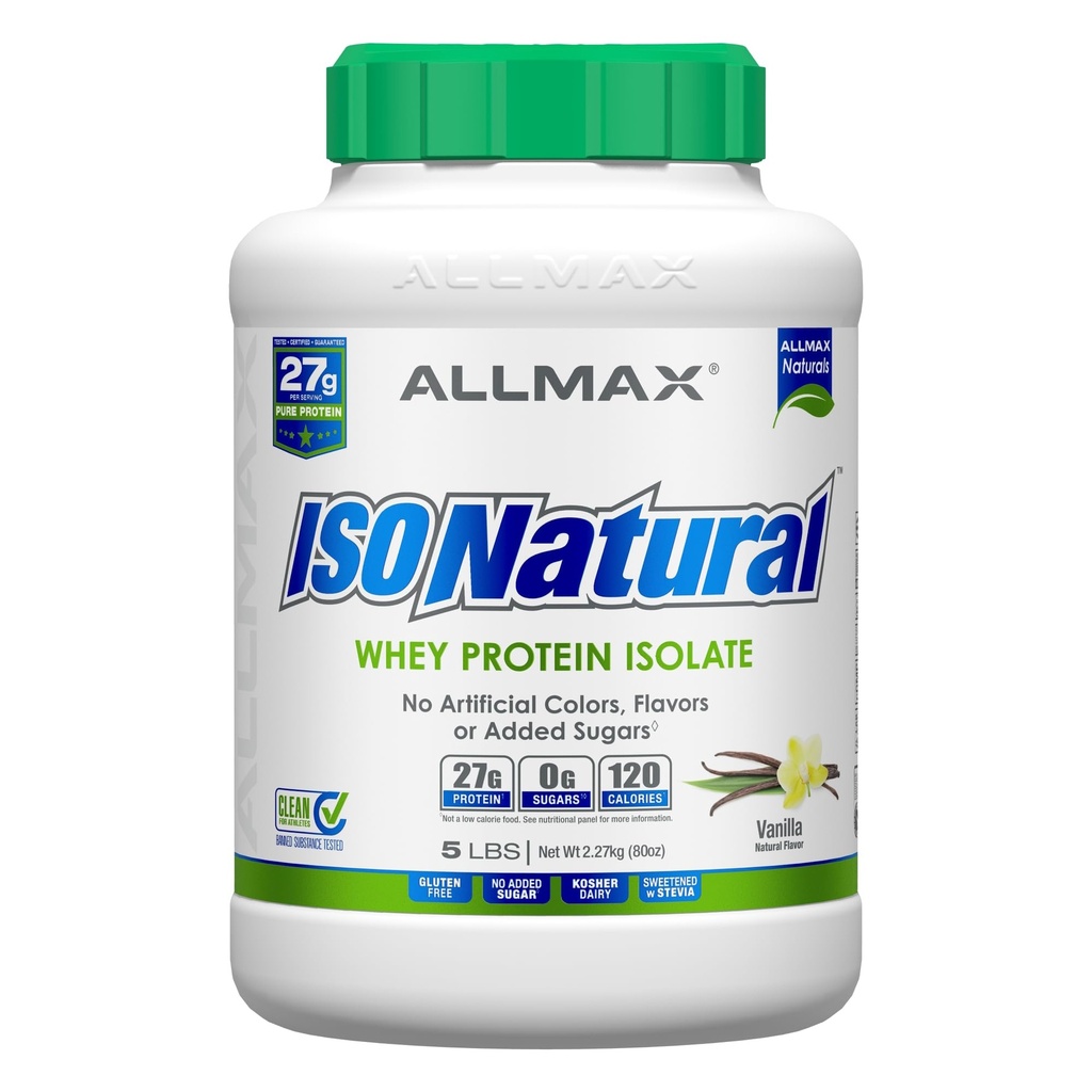 ALLMAX Nutrition ISONATURAL Whey Protein Isolate, Vanilla - 5 lb - 27 Grams of Protein Per Scoop - Zero Fat & Sugar - 99% Lactose Free - med prebiotika - Inga konstgjorda smaker - 73 portioner