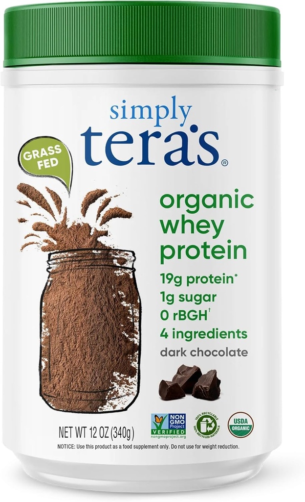 helt enkelt tera's Organic Whey Protein Powder - Grass Fed Whey Protein Powder utan konstgjorda sötningsmedel, Clean, Non-GMO, Gluten-Free - Dark Chocolate, 12 Oz.
