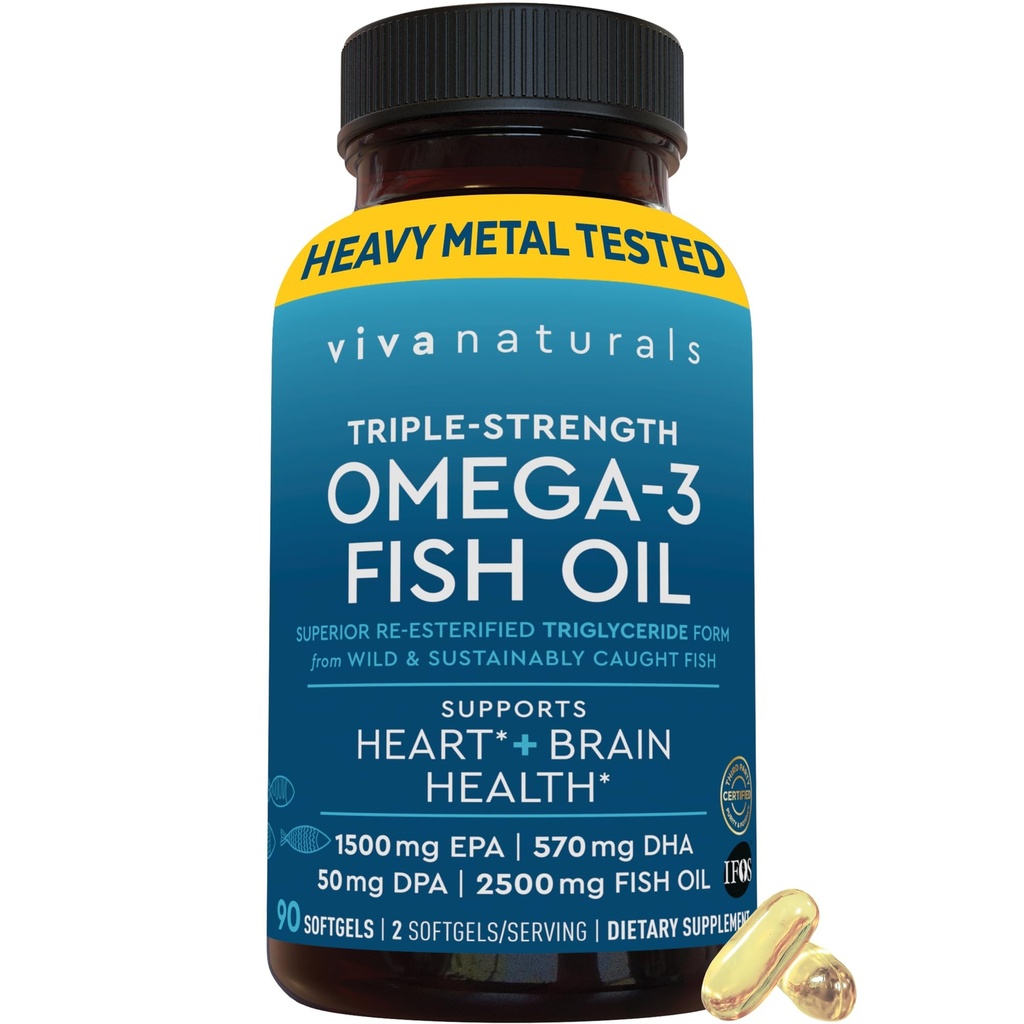 Viva Naturals Triple Strength Omega 3 Fish Oil Pills - 2500 mg High-Potency Formel med 2250 mg Omega 3 fettsyror (Inklusive EPA, DHA, DPA) i rTG Form för Absorption - IFOS Certified, 90 Softgels