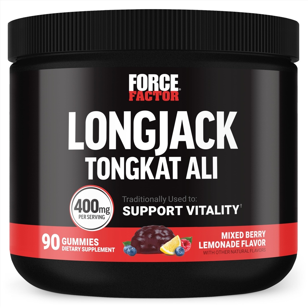 Force Factor Longjack Tongkat Ali Gummies, Tongkat Ali för män att stödja manlig vitalitet och kör, 400mg Tongkat Ali med BioPerine, Mixed Berry Lemonade, 90 Gummies