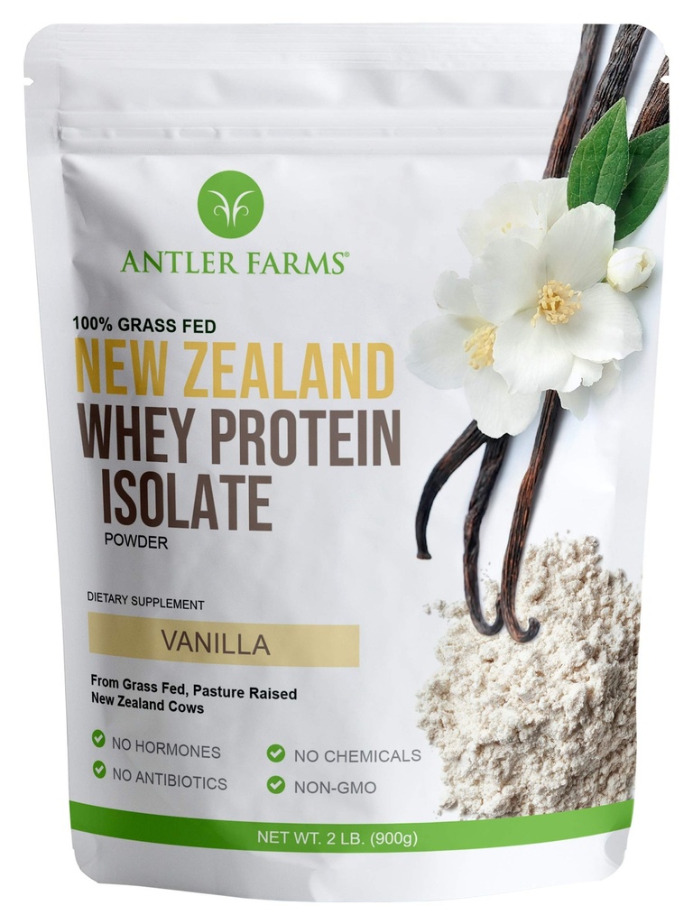 Antler Farms - 100% Grass Fed Nya Zeeland Whey Protein Isolate, Vanilla Flavor, 2 lbs - Ren och Ren, 4 Ingredienser, Läckra, Kalla Bearbetade