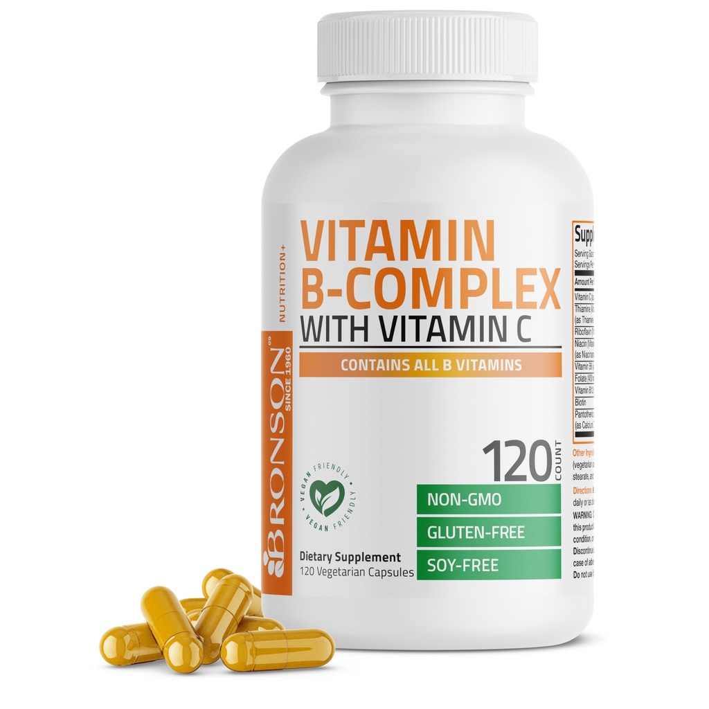 Bronson Vitamin B-komplex med vitamin C - Immunhälsa, energistöd och nervsystemstöd - Icke-GMO, 120 vegetariska kapslar