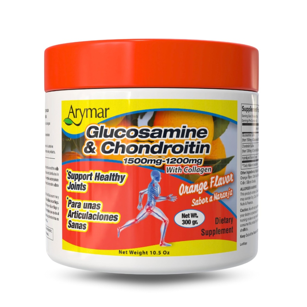 Arymar Glukosamin 1500 mg + Chondroitin 1200 mg med Collagen - Orange-Flavored Joint Health Powder, 300 g