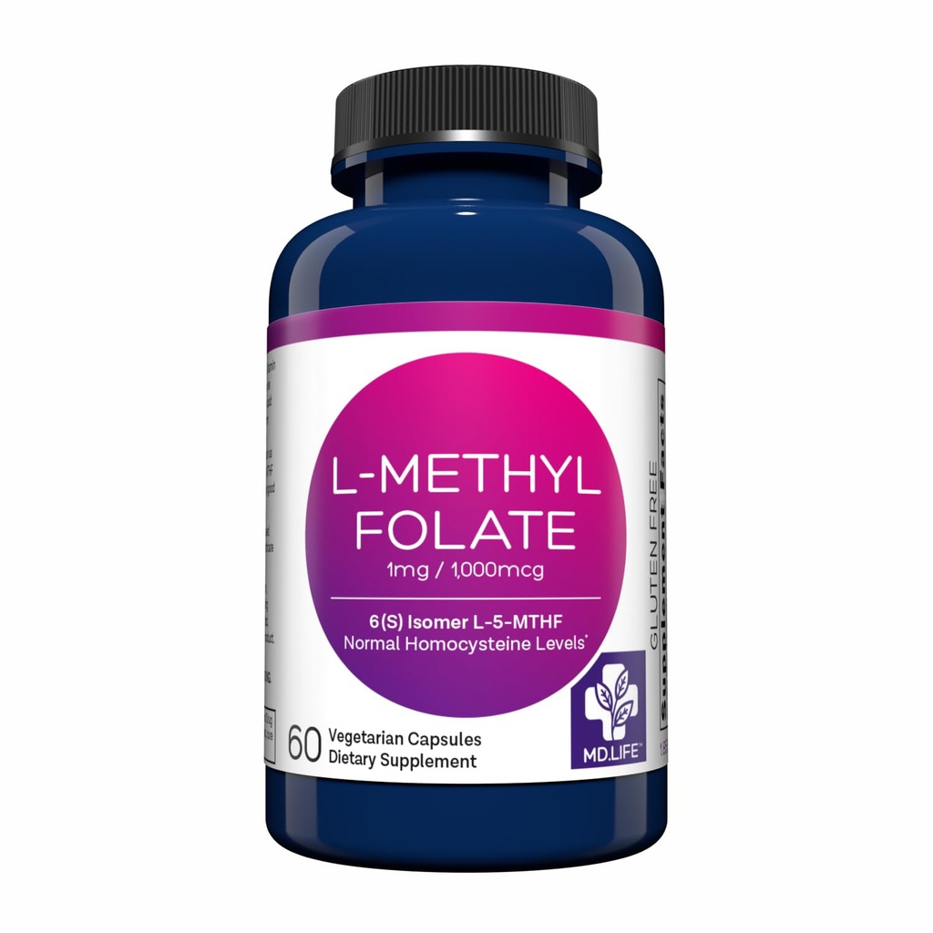 MD Life L Methylfolate 1mg - Professional-Grade Active Methylfolate Supplement - Maximum Potency MTHFR Kosttillskott - L metyllfolat 1 mg 60 kapslar - Viktiga aminosyror