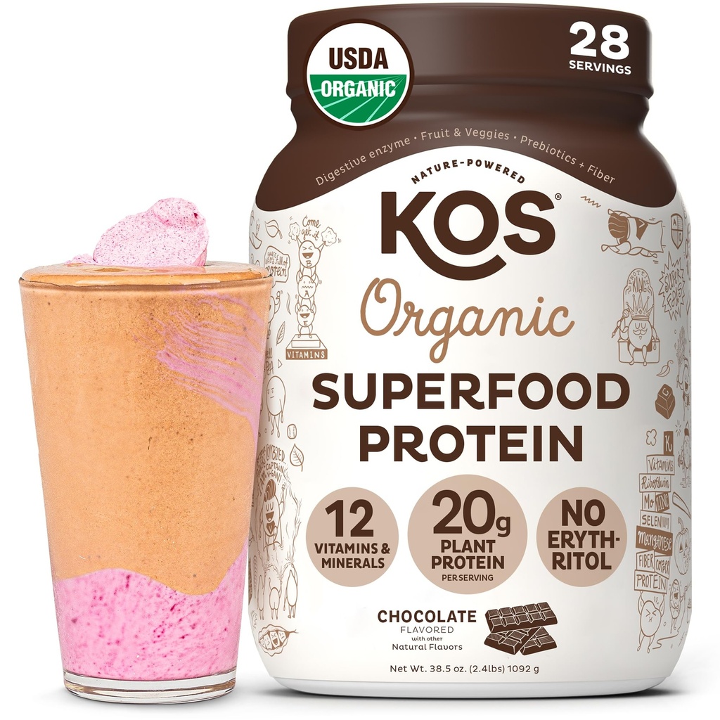 KOS Vegan Protein Powder Erythritol Free, Chocolate - Organic Pea Protein Blend, Plant Based Superfood Rich i vitaminer och mineraler - Keto, Dairy Free - Meal Replacement för kvinnor och män, 28 portioner