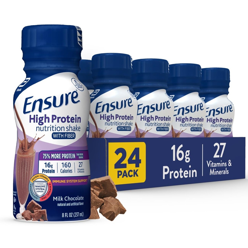 Säkerställ High Protein Bottled Milk Chocolate Nutrition Shake med Fiber, redo att dricka, 16g protein och 27 Vitaminer och mineraler, 8 fl oz, 24 Pack