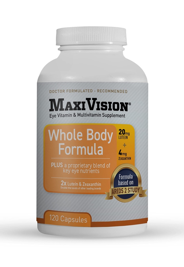 MaxiVision® AREDS 2 Whole Body Formula - AREDS 2 Eye Vitamins w/Lutein och Zeaxanthin - för Macular Support - Eye Supplements for Eye Strain - 120 Capsules Count, 1 Bottle