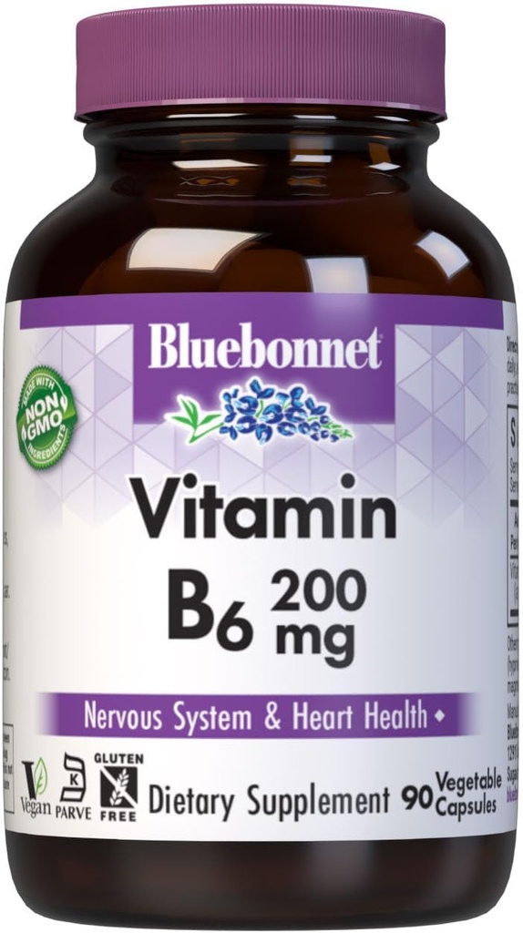 Bluebonnet Nutrition Vitamin B6 Vegetabiliska kapslar, 200 mg, för kardiovaskulär och nervsystemhälsa, sojafri, glutenfri, Kosher, Dairy Free, Vegan, icke-GMO, 90 Vegetabiliska kapslar, 90 portioner
