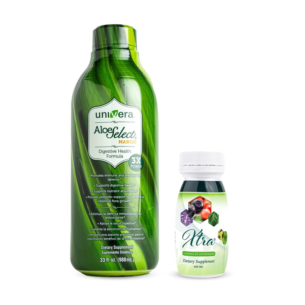 Univera att gå Pack Aloe Vera Juice, Organic Aloe Vera, Mango Flavor Xtra Minis, Multimineral frukt Komplex, 15 naturliga ingredienser,