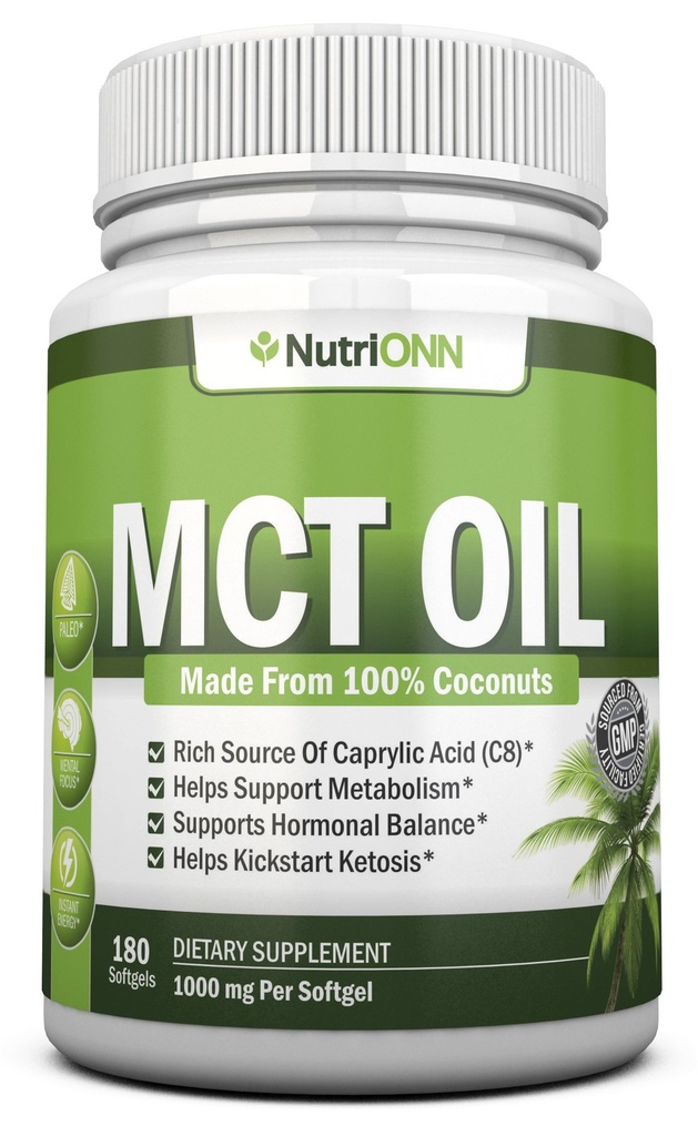 NutriONN MCT Oil - 3000mg Per Serving - 180 Softgels - Made from 100% Organic Coconuts - Non GMO, Cold Pressed, Paleo Friendly Capsules - Great for Focus & Gut Health