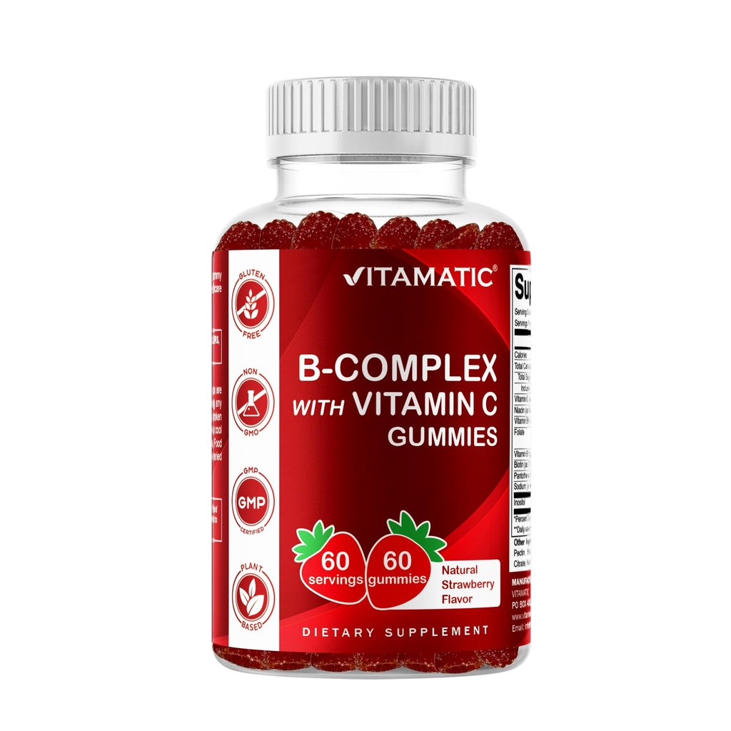 Vitamatic Vitamin B Complex Gummies med vitamin C & Inositol - Naturlig jordgubbsmak - 60 Gummies (1 flaska)