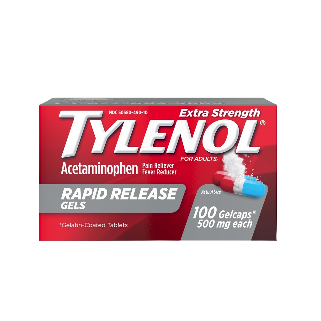Tylenol Extra Strength Acetaminophen Rapid Release Gels, Pain Reliever & Fever Reducer, Gelcaps med laser-Drilled Holes for Fast Release, Gentle on Stomach, 500 mg Per Gelcap, 100 Count OTC Medicine