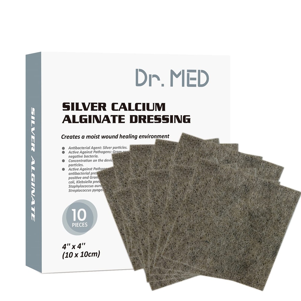 Dr Med Silver Calcium Alginate Wound Dressing 4''x4'' Patches, 10 Individual Pack High Absorbency Ag Alginate Wound Bandage, Non-Adhesive, Painless Removal Gauze för Bedsore, Ulcers, Skin Abrasions