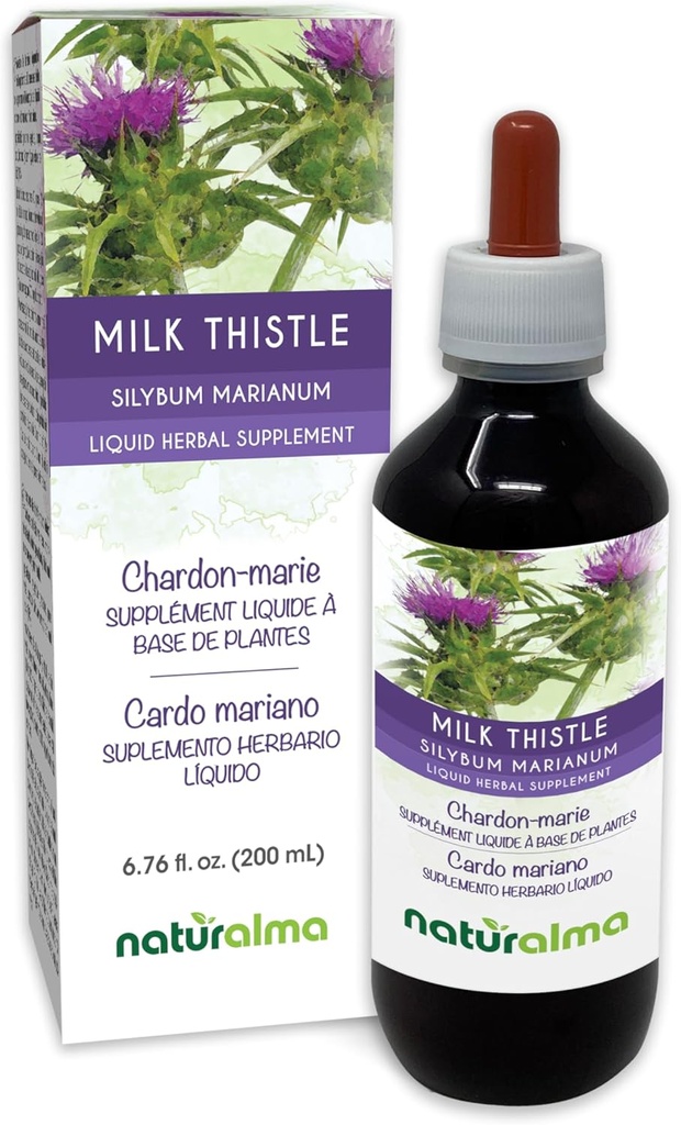 Naturalma Milk Thistle (Silybum marianum) Frukt och ört Alkoholfri tinktur - 6,76 fl oz Liquid Extract i droppar - Herbal Supplement - Vegan