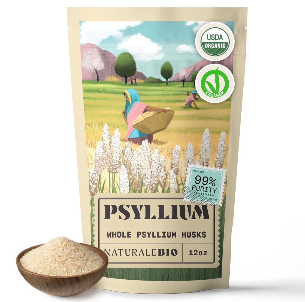 NaturaleBio Whole Psyllium Husk. 12 oz. 99% Pure Psyllium Seed Husks. Naturligt fibertillskott. USDA Organic Certified. Producerad i Indien. Gluten Free, Keto, Paleo, Vegan Diets. Probiotika