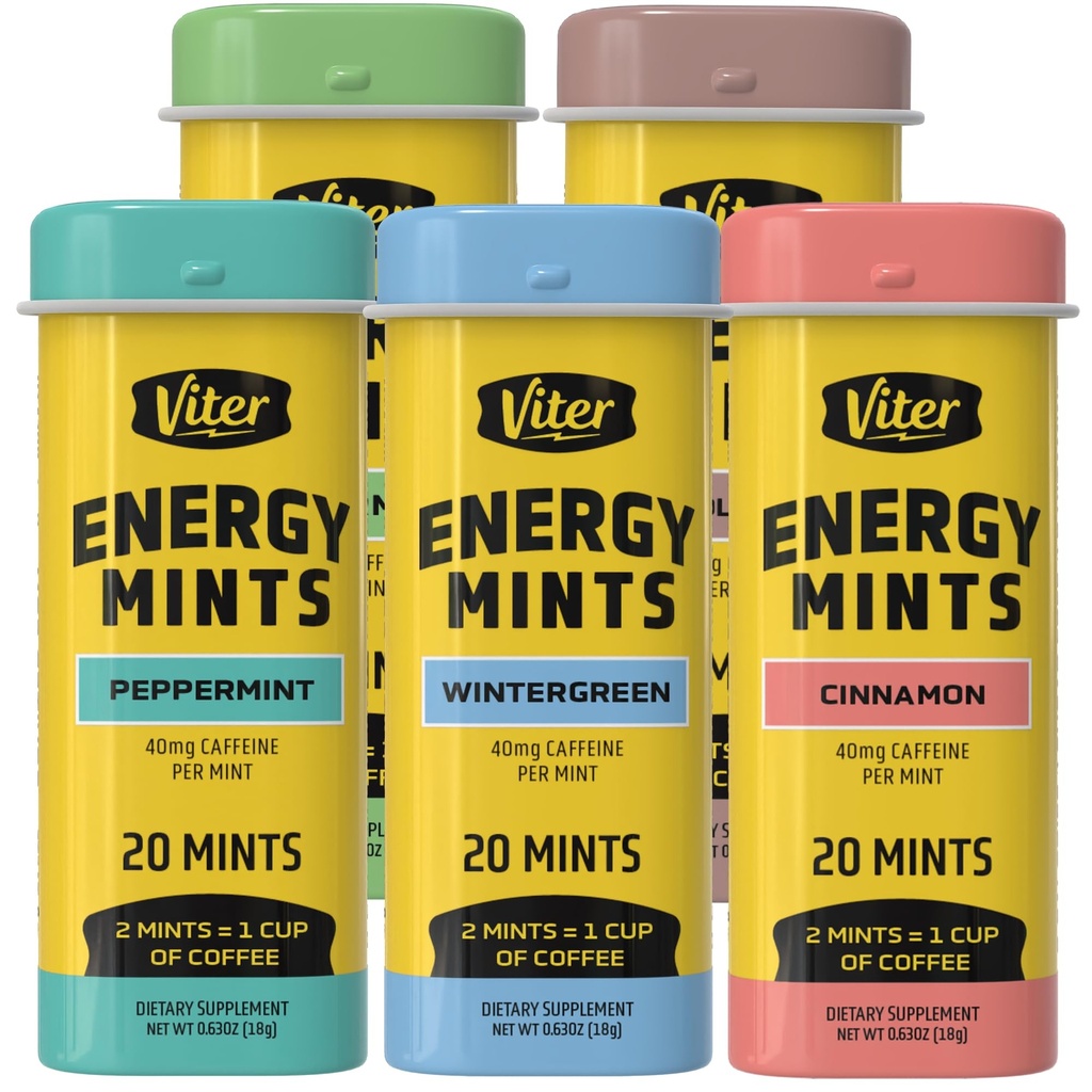 Viter Energy 40mg Koffein Mints - Sugar Free, B Vitaminer, Vegan, ökar snabbt Energized Alert Focus, koffeinerade Nootropic Supplement Pills (Variety Flavors, 20pcs, 5 Pack, 100pcs Total)