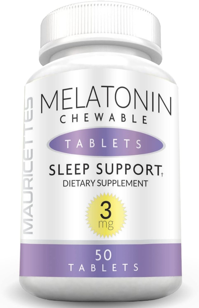 Mauricettes Natural Melatonin 3mg Chewable Tablets - Fast Acting 3 mg sovande piller för barn, tonåringar och vuxna, osmakade, icke beroendeframkallande, upplösbar sömnstödhjälp, 50 tuggbara