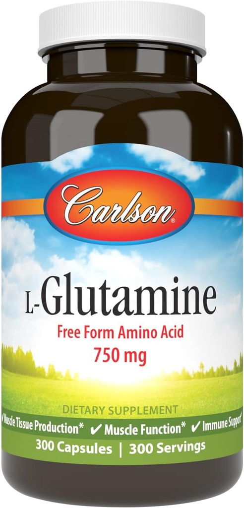 Carlson - L-Glutamin, Free-Form Amino Acid, 750 mg, Muscle Tissue Production, 300 kapslar