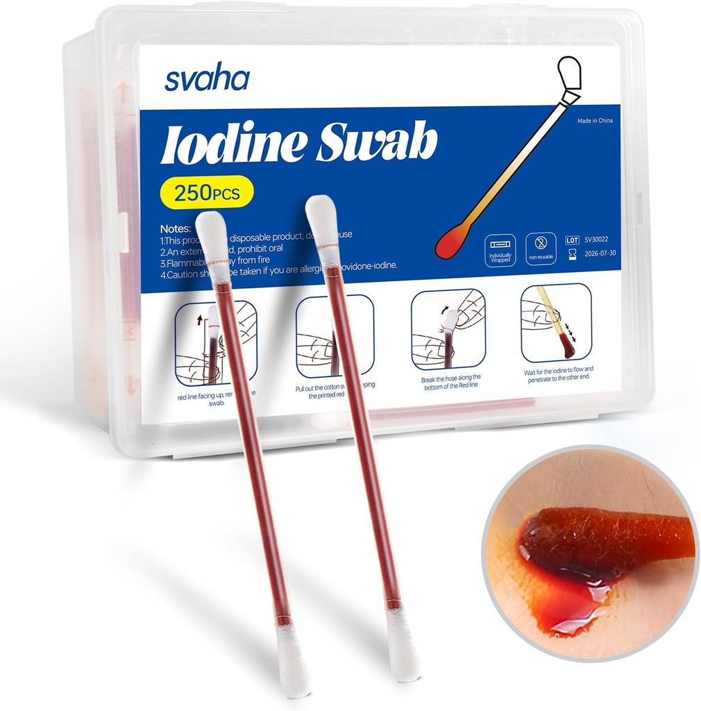 Svaha Povidone Iodine Swabsticks - 250 Sticks Individually Wrapped, Iodine Solution släpptes när Snapped, No Drying Out, Perfect för Wound Care, First Aid Kits, Travel & Outdoor Användning