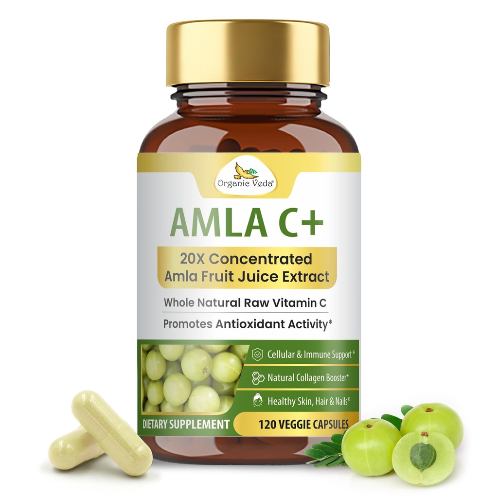 Organic Veda Amla Fruit Capsules, 20 X Koncentrerad Amla Berry Juice Extract Natural Vitamin C Supplement - Potenta antioxidanter, immunitet, hudstrålning - Vegan Vitamin C Amla Powder Capsule 120