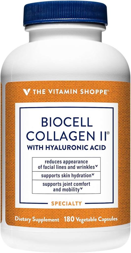 Vitamin Shoppe Biocell Collagen II med Hyaluronic Acid 1000mg - Främjar hälsosam hud, gemensamma & brosk - Stöder Hydration & Elasticity - för daglig Wellness (60 grönsaks kapslar)