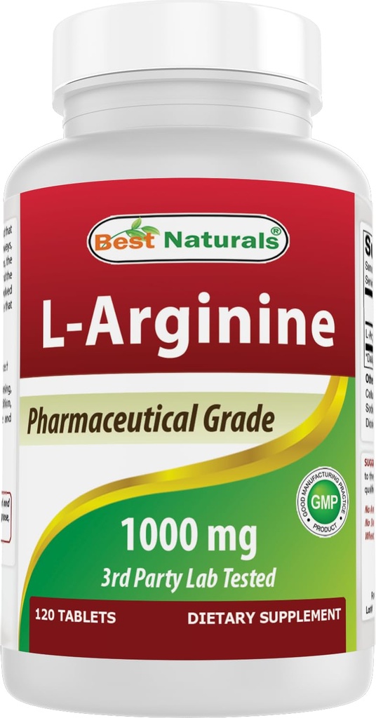 (New Improved Formula) Best Naturals L-Arginine 1000 mg 120 tabletter - farmaceutisk grad L Arginin Supplement främjar kväveoxidsyntes