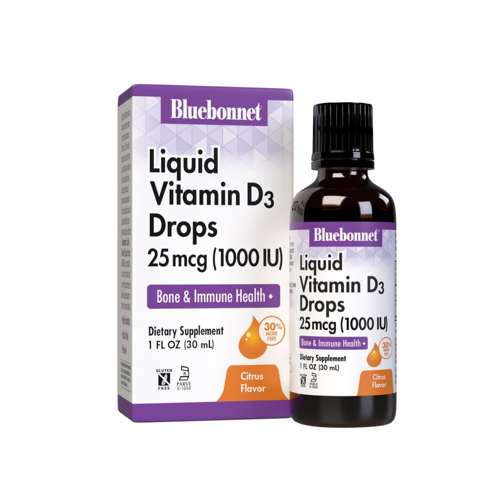 BlueBonnet Vitamin D3 1000 IE 25mcg Strong Bones & Immune Support Supplement - Liquid Vitamins för kvinnor och män - Lanolin VIT D Drops med MCT Oil - Non-GMO, Vegetarian - Citrus Flavor - 1 Fl Oz