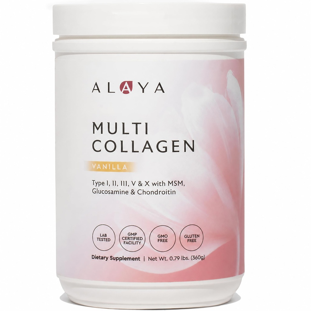 Alaya Multi Collagen Powder - Typ I, II, III, V, X Hydrolyzed Collagen Peptides Protein Powder Supplement med MSM + GC (Vanilla)