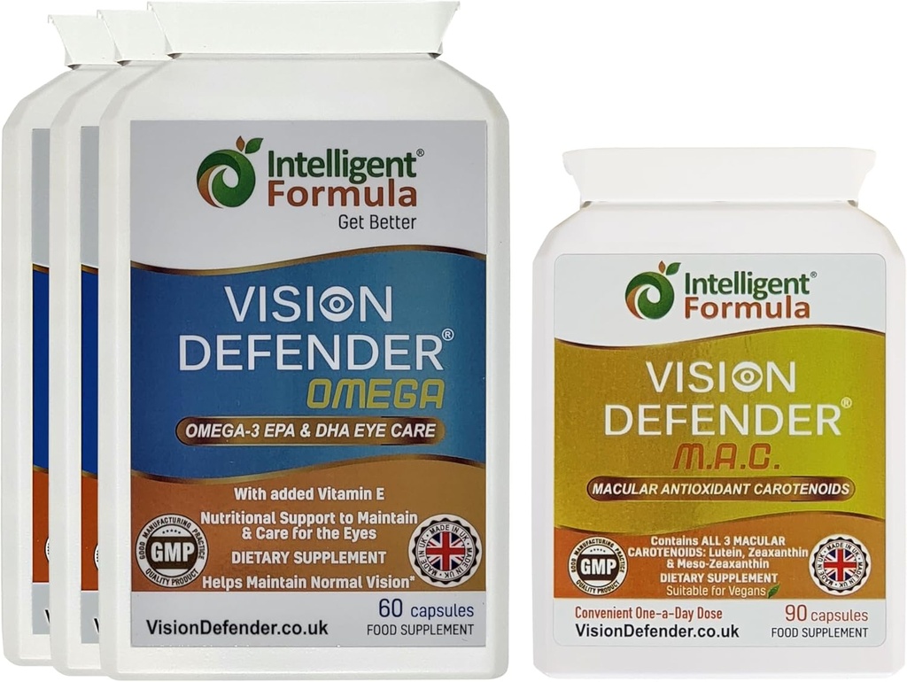 Vision Defender MAC & Omega Everyday General Eye-Health Bundle (90 Days Supply). Ögonvitamintillskott innehåller karotenoider Lutein, Zeaxanthin, Omega-3 (DHA, EPA). Tillverkad i Storbritannien av Eye Specialists