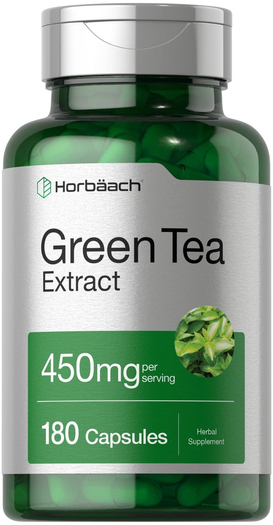 Horbäach Green Tea Extract Capsules 450mg | 180 greve | Herbal Supplement | Non-GMO och Gluten Free