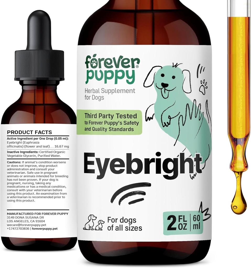 Forever Puppy Eyebright Drops för hundar - Eyebright Herb Tincture för lugnande ögon Irritation - Liquid Eye Health Support Supplement för hundar av alla raser och storlekar - 2 oz