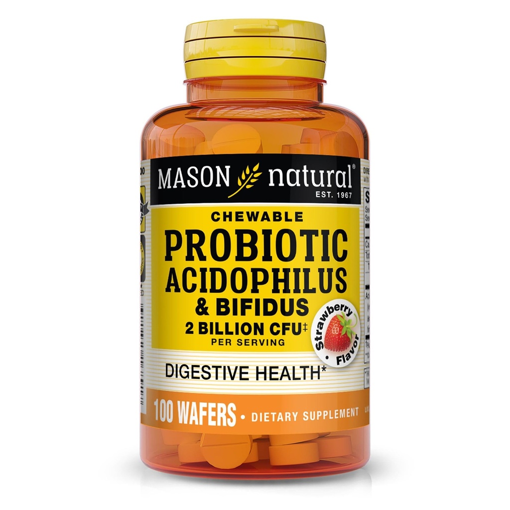 MASON NATURAL Probiotic Acidophilus med Bifidus, 50 Day Supply, stöder hälsosam normal utmattning, jordgubbsmak, 100 Chewable Wafers