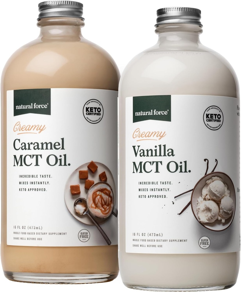 Natural Force Creamy Vanilla + Creamy Caramel MCT Oil Bundle - Gluten-Free, Non GMO, Emulsified Flavored MCTs från organiska kokosnötter - Keto, Paleo och Vegan - 2x 16 Ounce Glasflaskor